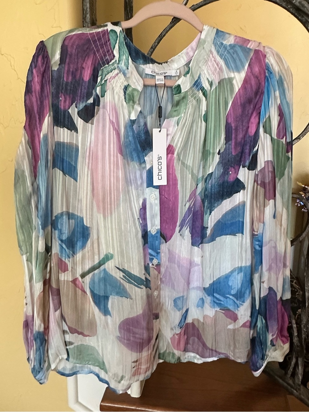 Chico's Watercolor Floral Pintuck Button Blouse - Purple/Blue/Green